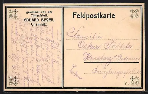 AK Chemnitz, Feldpostkarte der Tintenfabrik Eduard Beyer
