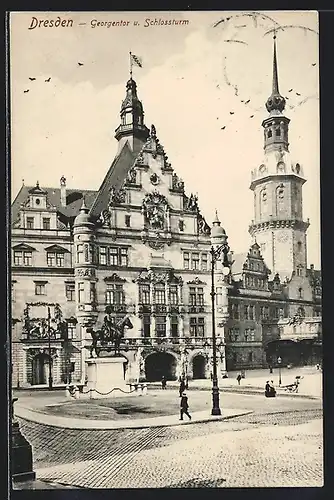 AK Dresden, Georgentor und Schlossturm mit Denkmal