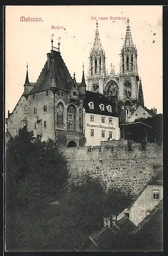 AK Meissen, Gasthaus Gasthaus Wagner am Burgtor mit den neuen Domtürmen