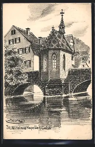 Künstler-AK Calw, St. Nikolaus Kapelle mit Fluss und Brücke