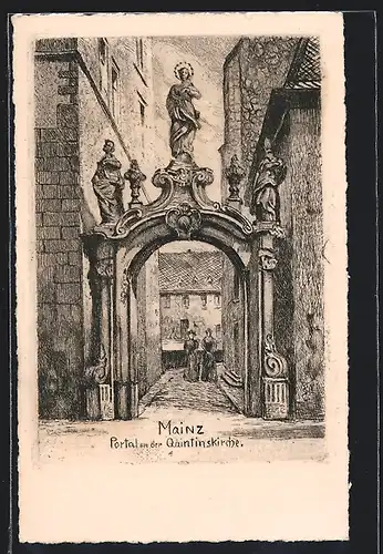 Künstler-AK Mainz, Portal an der Quintinskirche