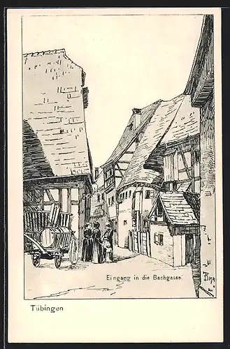Künstler-AK Tübingen, Strassen-Eingang in die Bachgasse