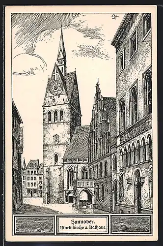 Künstler-AK Hannover, Marktkirche und Rathaus