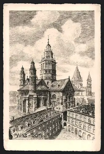 Künstler-AK Mainz, Dom aus der Vogelschau