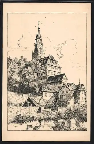 Künstler-AK Tübingen, Alte Aula - Hölderlinturm