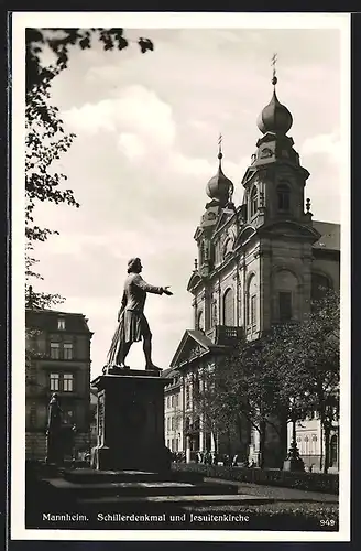 AK Mannheim, Schiller-Denkmal vor der Jesuitenkirche