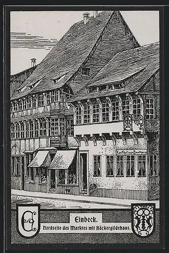 Künstler-AK Einbeck, Nordseite des Marktes mit Bäckergildehaus