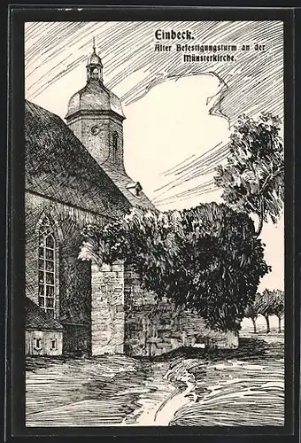 Künstler-AK Einbeck, alter Befestigungsturm an der Münsterkirche
