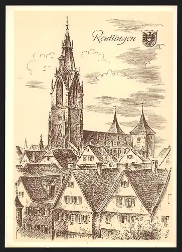 Künstler-AK Reutlingen, Blick zum Kirchturm