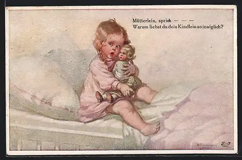Künstler-AK Wally Fialkowska: Kleines Mädchen mit Puppe im Bett