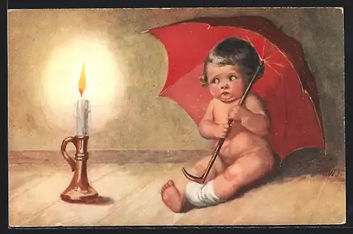 Künstler-AK Wally Fialkowska: kleines Mädchen sitzt unter einem Regenschirm und betrachtet eine Kerze