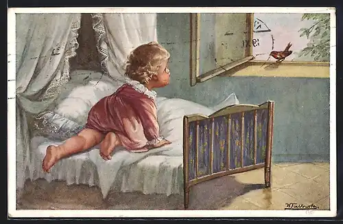 Künstler-AK Wally Fialkowska: Kleines Kind auf Bett schaut zu Vogel am Fenster