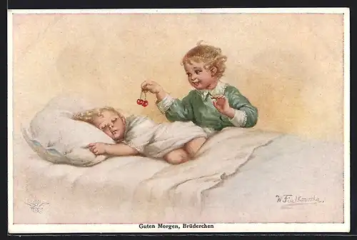 Künstler-AK Wally Fialkowska: Guten Morgen Brüderchen, Zwei Geschwister