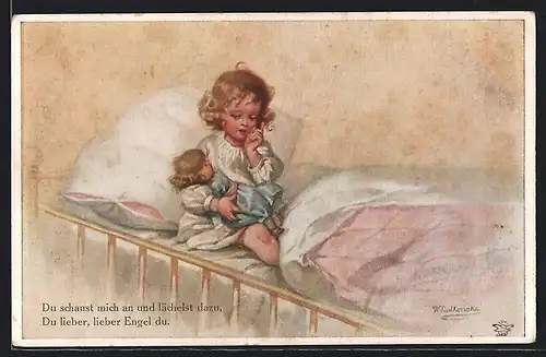 Künstler-AK Wally Fialkowska: Junges Mädchen spielt mit ihrer Puppe im Bett