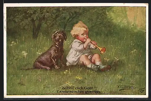 Künstler-AK Wally Fialkowska: Kleinkind mit Trompete und Hund sitzen zusammen auf der Wiese