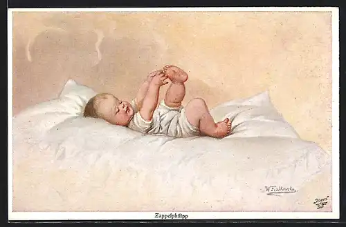 Künstler-AK Wally Fialkowska: Zappelphilipp, Säugling greift nach seinem Fuss