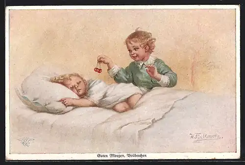 Künstler-AK Wally Fialkowska: Guten Morgen Brüderchen, Zwei Geschwister