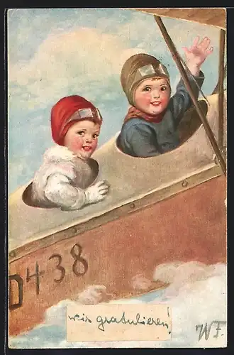 Künstler-AK Wally Fialkowska: Kinderpaar grüsst aus einem Flugzeug, Moderne Hochzeitsreise