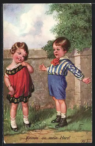 Künstler-AK Wally Fialkowska: Komm an mein Herz!, Junge streckt die Arme aus