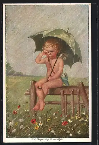 Künstler-AK Wally Fialkowska: Auf Regen folgt Sonnenschein, Nacktes Kind mit Regenschirm