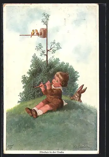 Künstler-AK Wally Fialkowska: Kind spielt auf einer Flöte mit lauschendem Kaninchen