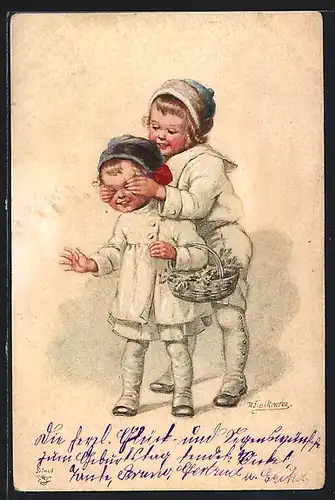 Künstler-AK Wally Fialkowska: Herzliche Weihnachtsgrüsse, Mädchen verdeckt ihrer Schwester die Augen, Geschwisterliebe