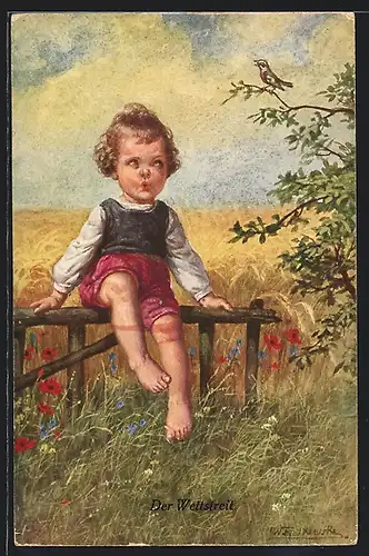 Künstler-AK Wally Fialkowska: Mädchen sitzt auf einem Holzgeländer am Feldrand