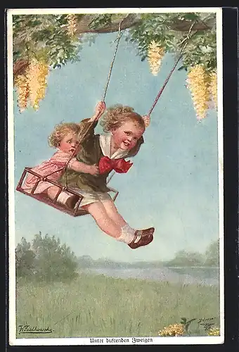 Künstler-AK Wally Fialkowska: Kinder auf einer Schaukel