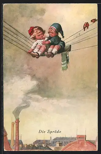 Künstler-AK Wally Fialkowska: Kinderpaar sitzt zusammen auf der Stromleitung über der Stadt, Die Spröde