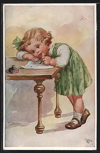 Künstler-AK Wally Fialkowska: kleines Mädchen schreibt an einem Tisch stehend
