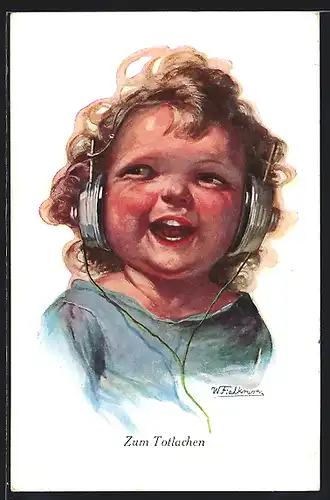 Künstler-AK Wally Fialkowska: Zum Todlachen, lachendes Kind mit Kopfhörern, Radio
