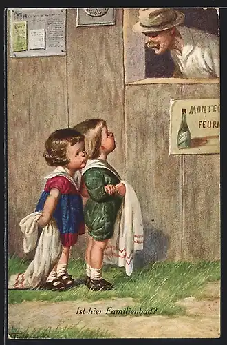 Künstler-AK Wally Fialkowska: Zwei Kleinkinder suchen das Familienbad