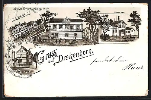 Lithographie Drakenhorn, Gasthof zum Drakenhorn, Bahnhof, Molkerei, Post