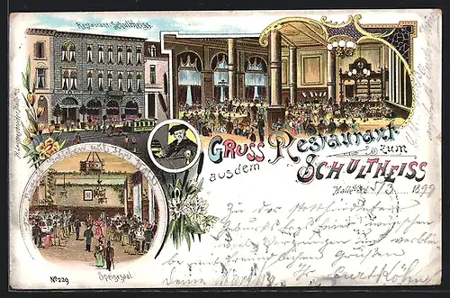 Lithographie Halle a. S., Restaurant zum Schultheiss, Innen- und Aussenansichten