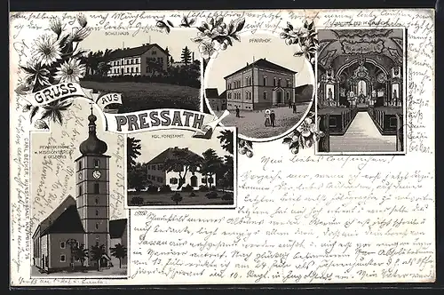 Lithographie Pressath, Pfarrhof, Pfarrkirche, Kgl. Forstamt, Schulhaus