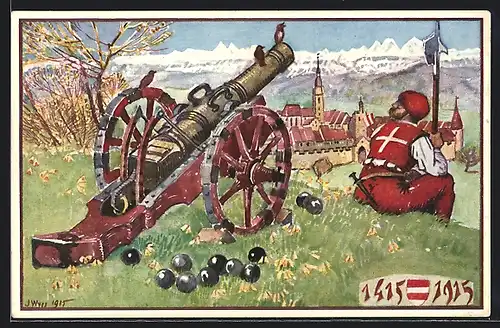 Künstler-AK Zofingen, Übergang der Stadt an Bern 1915, Soldat nebst Kanone