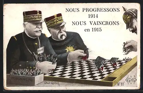 AK Französische Generäle und Kaiser Wilhelm II. verschieben ihre Truppen auf einem Schachbrett