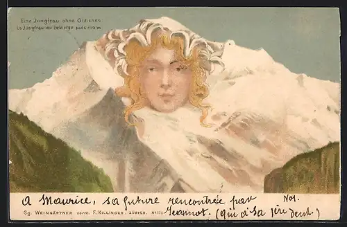 Lithographie Eine Jungfrau ohne Gleichen, vermenschlichte Berge, Berggesichter