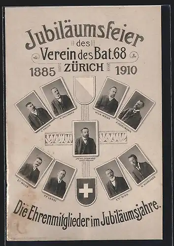 AK Zürich, Jubiläumsfeier 1910 des Verein des Bat. 68, Ehrenmitglieder im Jubiläumsjahr