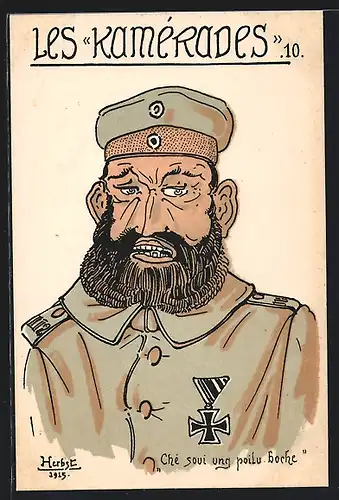Künstler-AK Les Kamérades, Karikatur eines deutschen Soldaten in Uniform