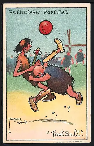 Künstler-AK Lawson Wood: Zwei Steinzeitmenschen spielen Fussball