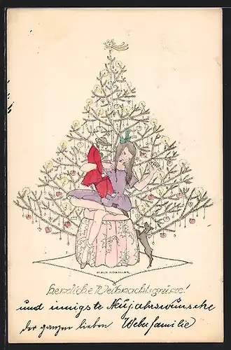 Künstler-AK Mela Köhler: Mädchen mit Puppe vor Weihnachtsbaum