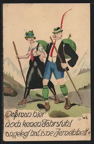 Künstler-AK Bergsteiger Paar ärgert sich über nicht vorhandenen Fahrstuhl