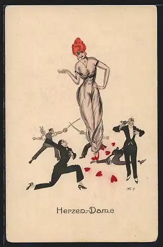 Künstler-AK W. Zabczinsky: Männer duellieren sich u. begehen Selbstmord wegen einer Frau, Art Deco