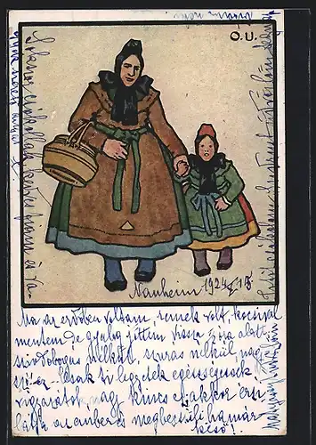Künstler-AK Otto Ubbelohde: Mutter und Tochter in hessischer Tracht