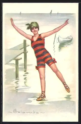 Künstler-AK E. Colombo: Schöne im gestreiften Badeanzug am Strand
