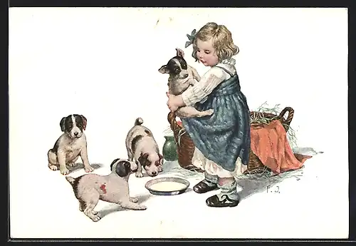 Künstler-AK F. Jüchtzer: Mädchen mit Hundewelpen und Milchschale