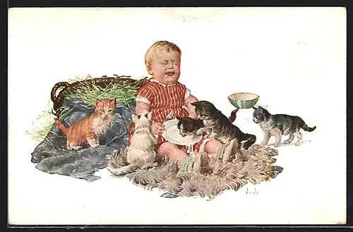 Künstler-AK Weinendes Kleinkind mit kleinen Katzen
