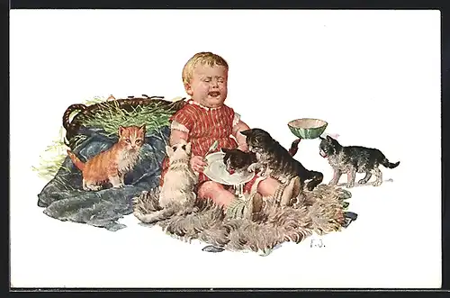 Künstler-AK Weinendes Kleinkind mit kleinen Katzen