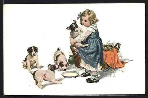 Künstler-AK F. Jüchtzer: Mädchen mit Hundewelpen und Milchschale